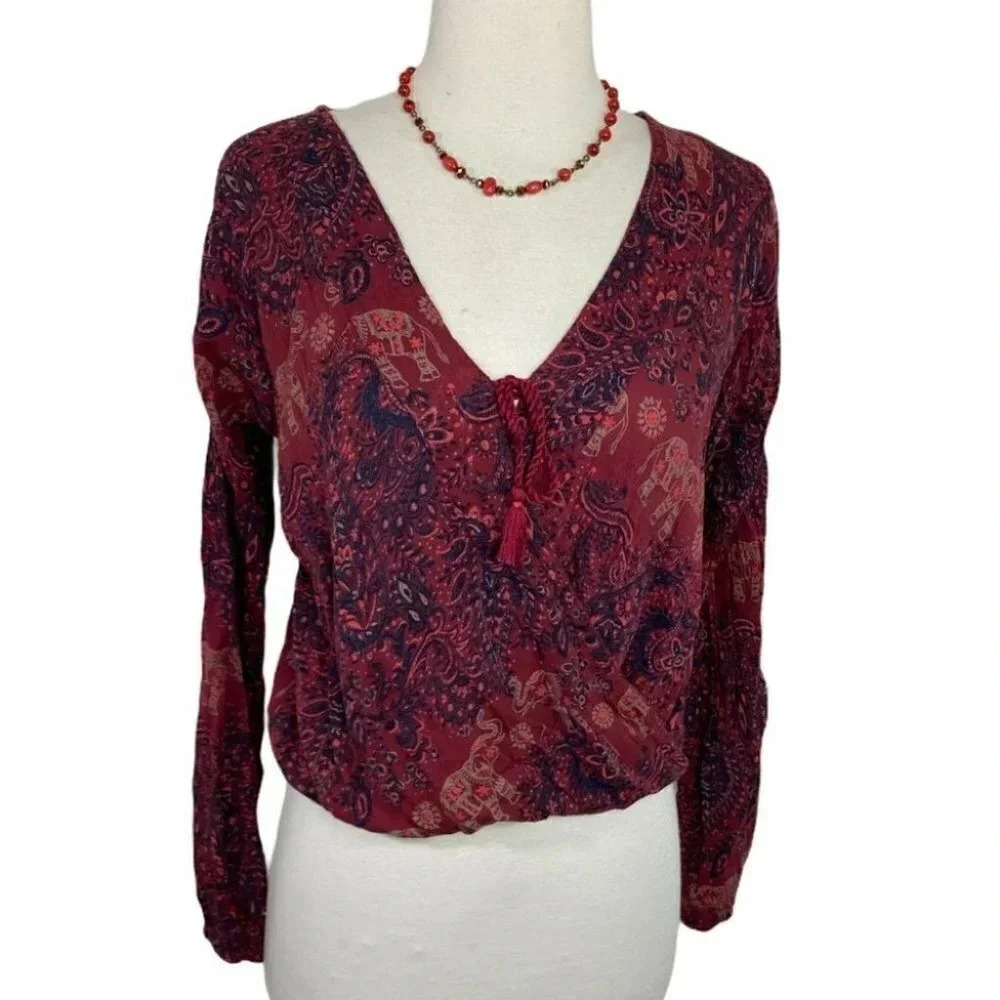 Hollister women's M Red BOHO hi/low criss cross top long sleeve Tribal Hippie